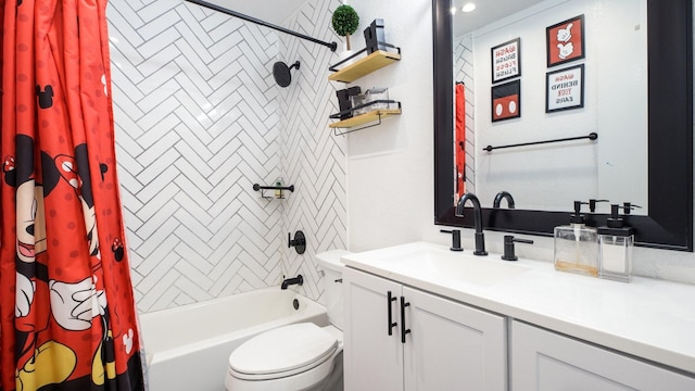 bathroom with vanity, shower / bath combo, and toilet