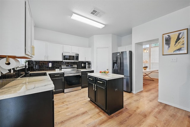 kitchen with appliances with stainless steel finishes, a sink, dark cabinets, white cabinetry, and visible vents