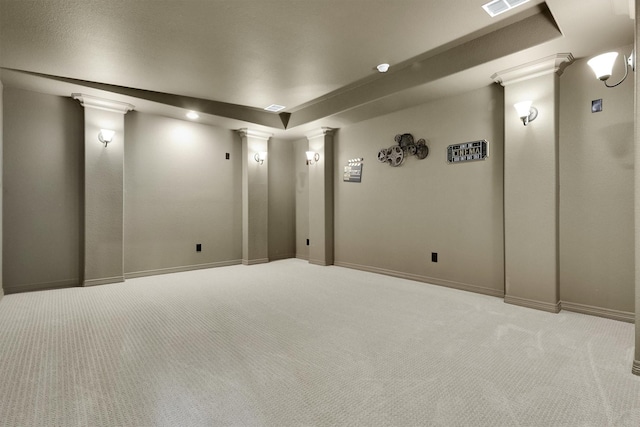 home theater with baseboards, carpet flooring, and ornate columns