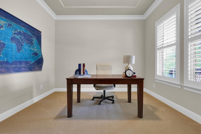 home office featuring baseboards, ornamental molding, and carpet