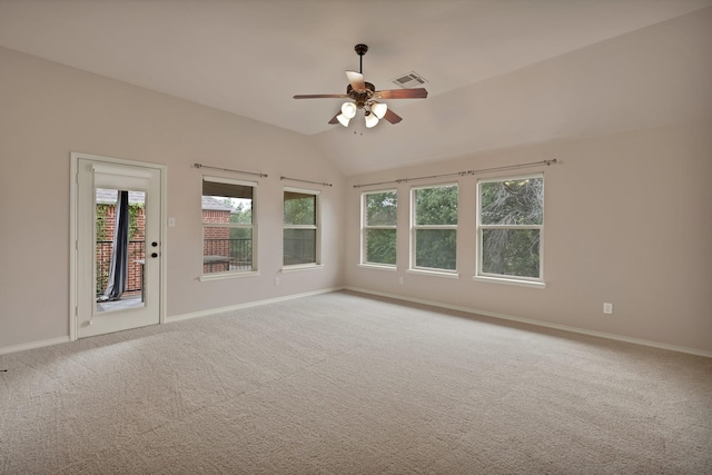 9405 National Pines Dr, Mckinney, TX 75072 - unfurnished room featuring a ceiling fan, visible vents, carpet floors, baseboards, and lofted ceiling