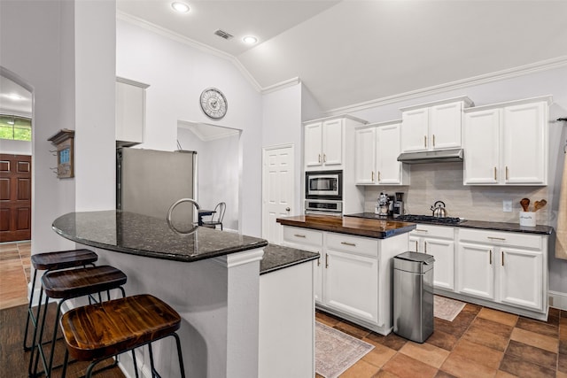 kitchen with under cabinet range hood, a kitchen bar, a center island, ornamental molding, and appliances with stainless steel finishes