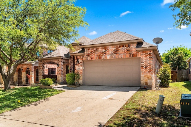 view of front of home featuring a front lawn, a garage, brick siding, concrete driveway, and fence