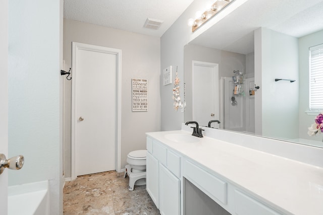 full bath featuring a textured ceiling, visible vents, walk in shower, toilet, and vanity