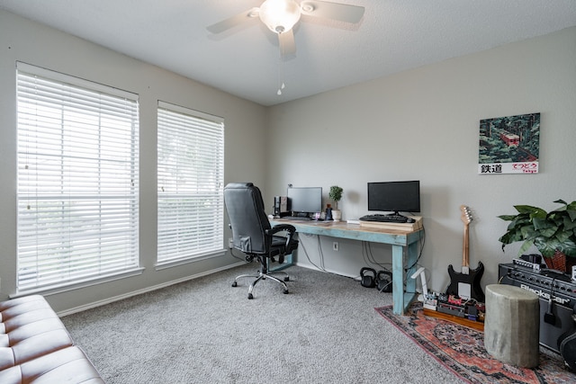 office space featuring a ceiling fan, carpet, and baseboards