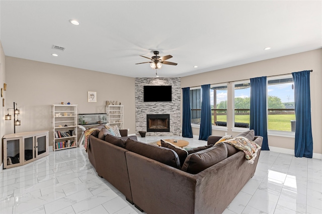 living room with recessed lighting, a large fireplace, marble finish floor, ceiling fan, and visible vents