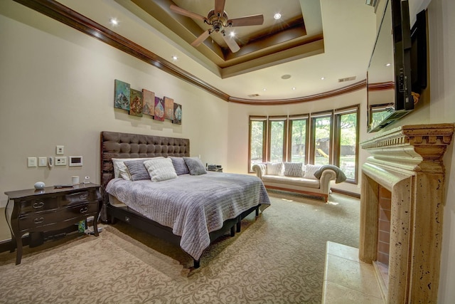 9 Victory Ln, Double Oak, TX 75077 - carpeted bedroom featuring crown molding, a raised ceiling, recessed lighting, and a ceiling fan
