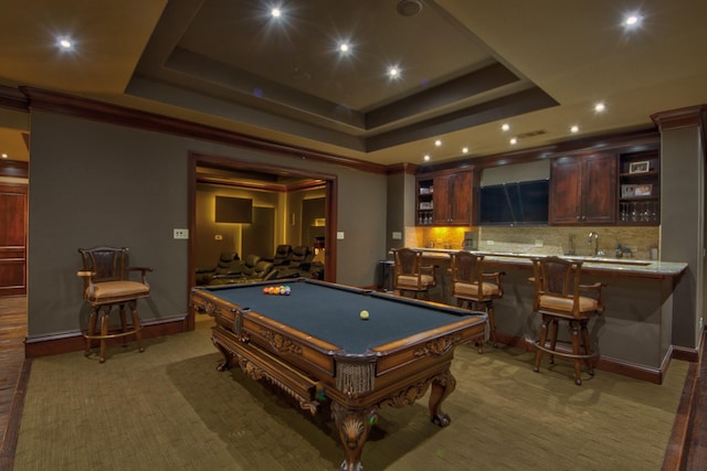 9 Victory Ln, Double Oak, TX 75077 - rec room with bar with sink, recessed lighting, pool table, a raised ceiling, and baseboards