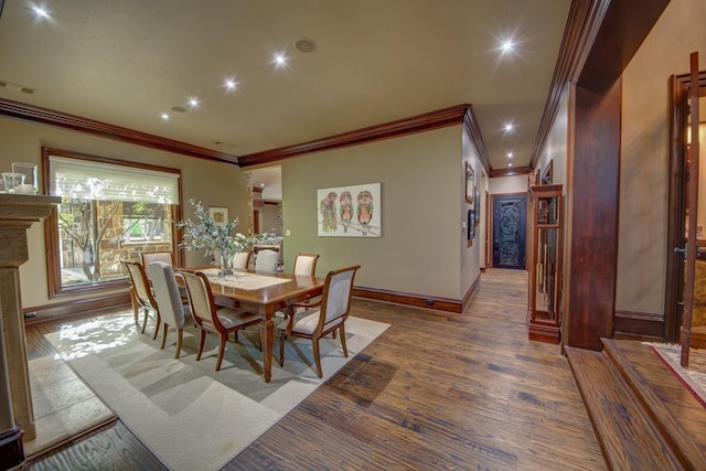 9 Victory Ln, Double Oak, TX 75077 - dining room featuring ornamental molding, recessed lighting, wood finished floors, and baseboards