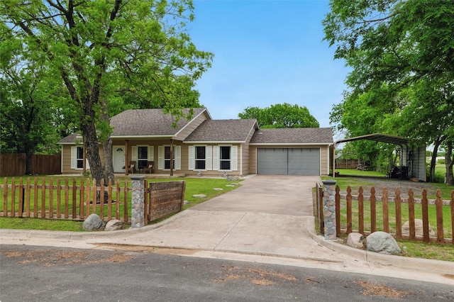 ranch-style house with driveway, a shingled roof, a front yard, fence private yard, and a garage