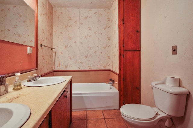3412 Tin Top Rd, Weatherford, TX 76087 - full bath with wallpapered walls, toilet, a bath, tile patterned floors, and double vanity