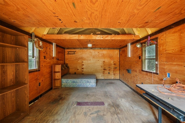 3412 Tin Top Rd, Weatherford, TX 76087 - unfurnished bedroom featuring multiple windows, wood ceiling, wood walls, and hardwood / wood-style flooring