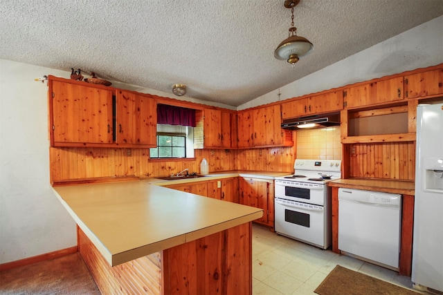 3412 Tin Top Rd, Weatherford, TX 76087 - kitchen with white appliances, under cabinet range hood, a textured ceiling, a peninsula, and light countertops