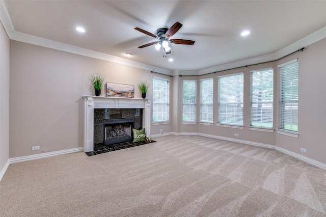 4465 Mira Vista Dr, Frisco, TX 75034 - living room featuring ornamental molding, ceiling fan, carpet flooring, a fireplace, and recessed lighting