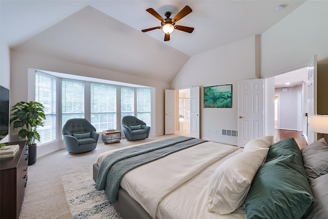 4465 Mira Vista Dr, Frisco, TX 75034 - carpeted bedroom featuring multiple windows, high vaulted ceiling, ceiling fan, and ensuite bathroom