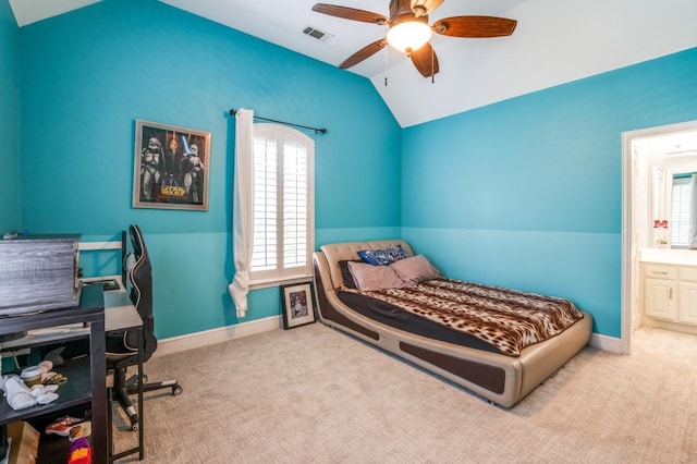 bedroom with visible vents, carpet, multiple windows, and lofted ceiling