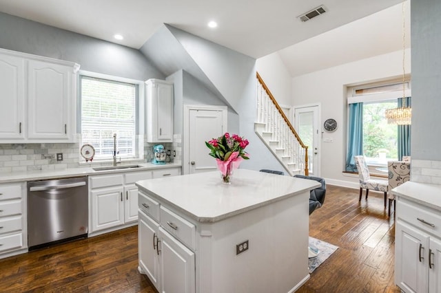 kitchen featuring a sink, stainless steel dishwasher, dark wood-style flooring, and a wealth of natural light