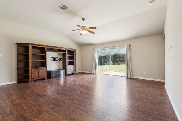 unfurnished living room featuring ceiling fan, dark wood-style flooring, baseboards, visible vents, and lofted ceiling