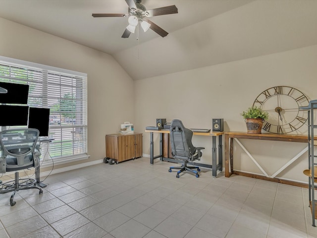 tiled home office featuring baseboards, a ceiling fan, and lofted ceiling