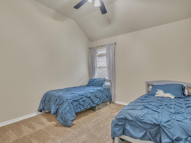 bedroom featuring carpet flooring, baseboards, ceiling fan, and lofted ceiling