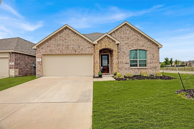 ranch-style home featuring brick siding, a garage, a front yard, and concrete driveway