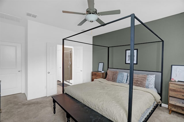 bedroom with visible vents, carpet flooring, baseboards, and ceiling fan