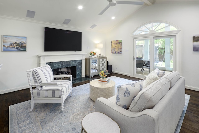 4108 Greenbrier Dr, University Park, TX 75225 - living room with wood finished floors, beamed ceiling, a premium fireplace, baseboards, and a ceiling fan