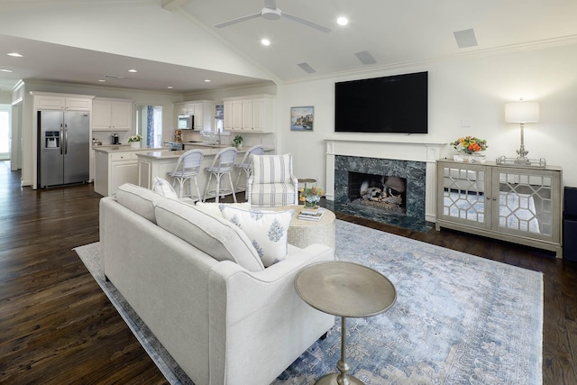 4108 Greenbrier Dr, University Park, TX 75225 - living room with ornamental molding, dark wood-style floors, a ceiling fan, and vaulted ceiling with beams