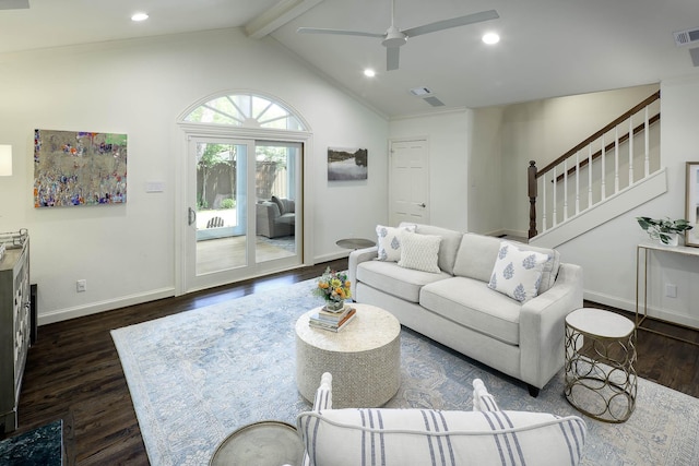 4108 Greenbrier Dr, University Park, TX 75225 - living room with stairs, ceiling fan, dark wood-style flooring, baseboards, and visible vents