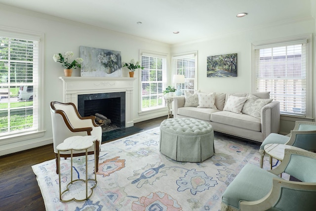 4108 Greenbrier Dr, University Park, TX 75225 - living area featuring wood finished floors, a high end fireplace, crown molding, and plenty of natural light
