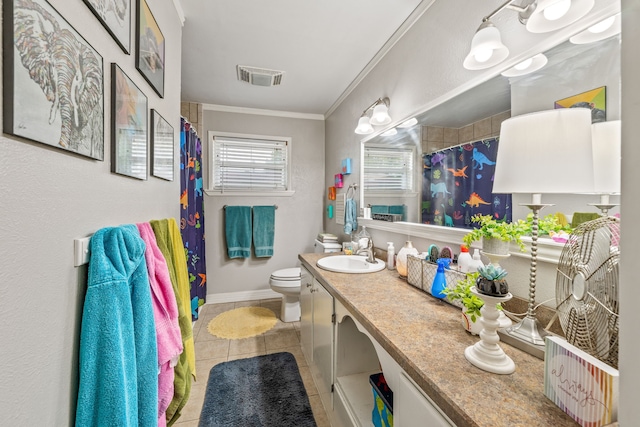 full bathroom with visible vents, crown molding, tile patterned floors, vanity, and toilet