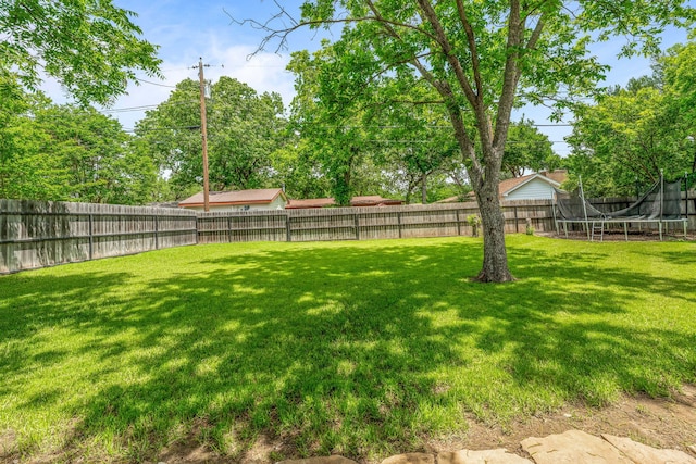 view of yard featuring a fenced backyard and a trampoline