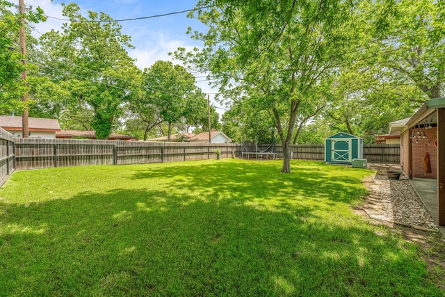 view of yard featuring a storage shed, an outdoor structure, and a fenced backyard