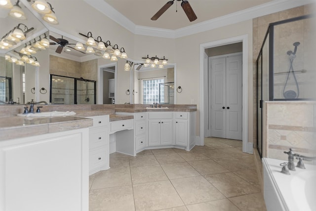 full bath with ceiling fan, a shower stall, ornamental molding, and tile patterned floors