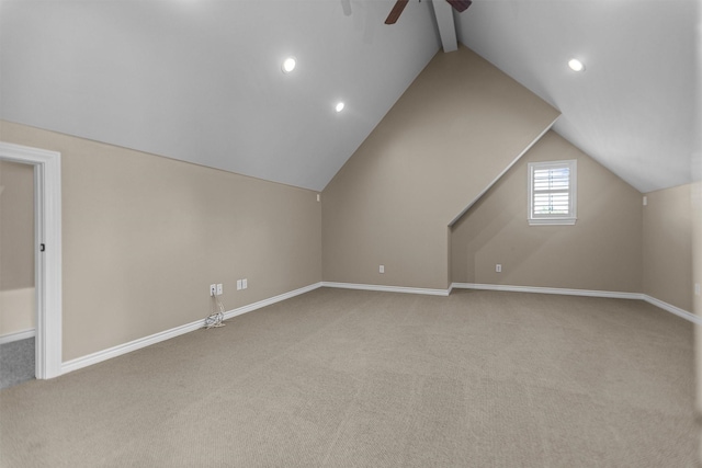 additional living space featuring a ceiling fan, vaulted ceiling, baseboards, carpet, and recessed lighting