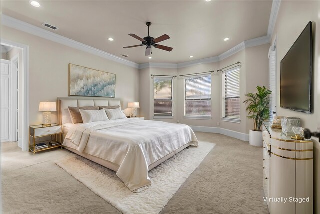 bedroom featuring crown molding, recessed lighting, visible vents, and light carpet