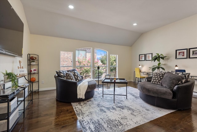 living room featuring recessed lighting, baseboards, lofted ceiling, and dark wood finished floors
