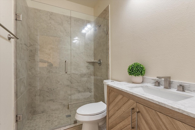 bathroom featuring toilet, a shower stall, and vanity