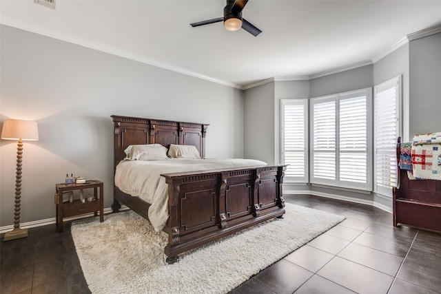 122 Forest Hills Cir, Gunter, TX 75058 - bedroom with ornamental molding, a ceiling fan, dark tile patterned floors, and baseboards