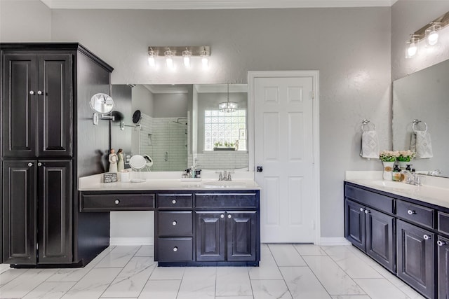 122 Forest Hills Cir, Gunter, TX 75058 - full bath featuring two vanities, marble finish floor, a stall shower, and a sink