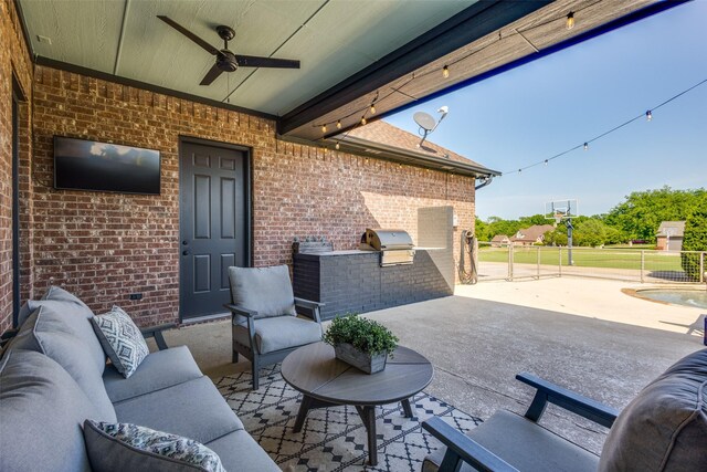 122 Forest Hills Cir, Gunter, TX 75058 - view of patio / terrace featuring outdoor lounge area, ceiling fan, an outdoor kitchen, fence, and a grill