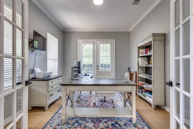 122 Forest Hills Cir, Gunter, TX 75058 - home office featuring french doors, light wood-type flooring, and ornamental molding