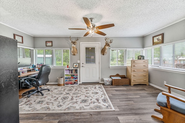office with a ceiling fan, a textured ceiling, a healthy amount of sunlight, and wood finished floors
