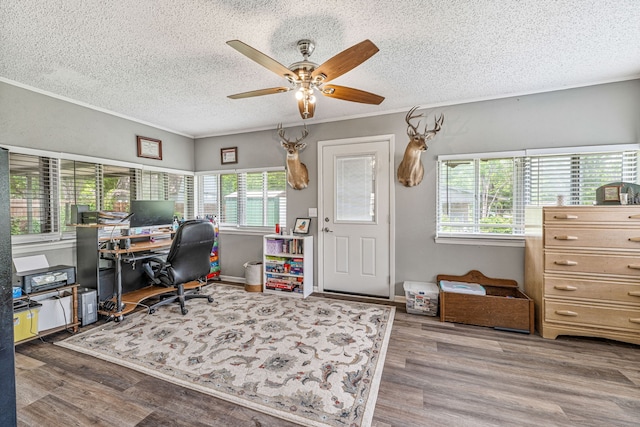 office with a ceiling fan, a textured ceiling, ornamental molding, and wood finished floors