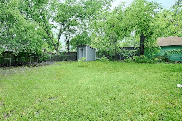 view of yard featuring a fenced backyard, an outbuilding, and a storage shed