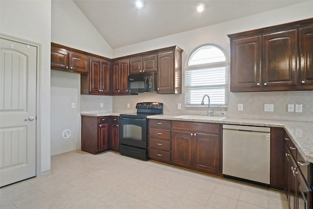 1441 Elkford Ln, Fort Worth, TX 76247 - kitchen with black appliances, a sink, backsplash, vaulted ceiling, and dark brown cabinets