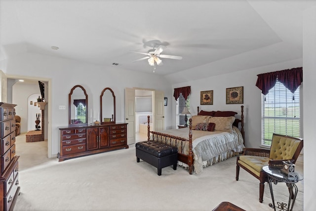 125 Deer Stream Ct, Azle, TX 76020 - bedroom with connected bathroom, light colored carpet, ceiling fan, visible vents, and lofted ceiling