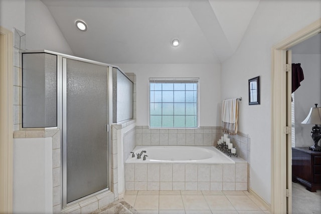 125 Deer Stream Ct, Azle, TX 76020 - bathroom featuring a garden tub, tile patterned floors, a shower stall, and lofted ceiling