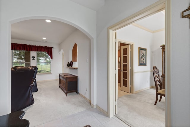 125 Deer Stream Ct, Azle, TX 76020 - hall featuring baseboards, recessed lighting, arched walkways, and light carpet