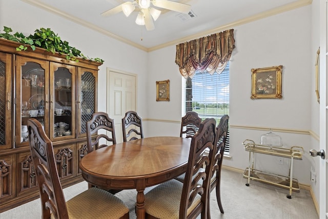 125 Deer Stream Ct, Azle, TX 76020 - dining space featuring light colored carpet, visible vents, ceiling fan, baseboards, and ornamental molding